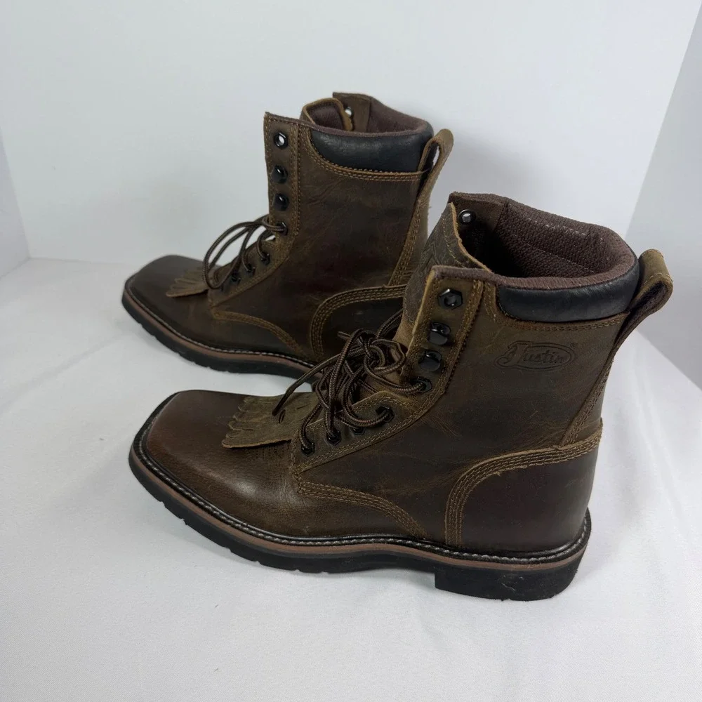 Justin Mens SE681 Stampede Brown Leather Square Toe Lace Up Work Boots 8 D‎ EH